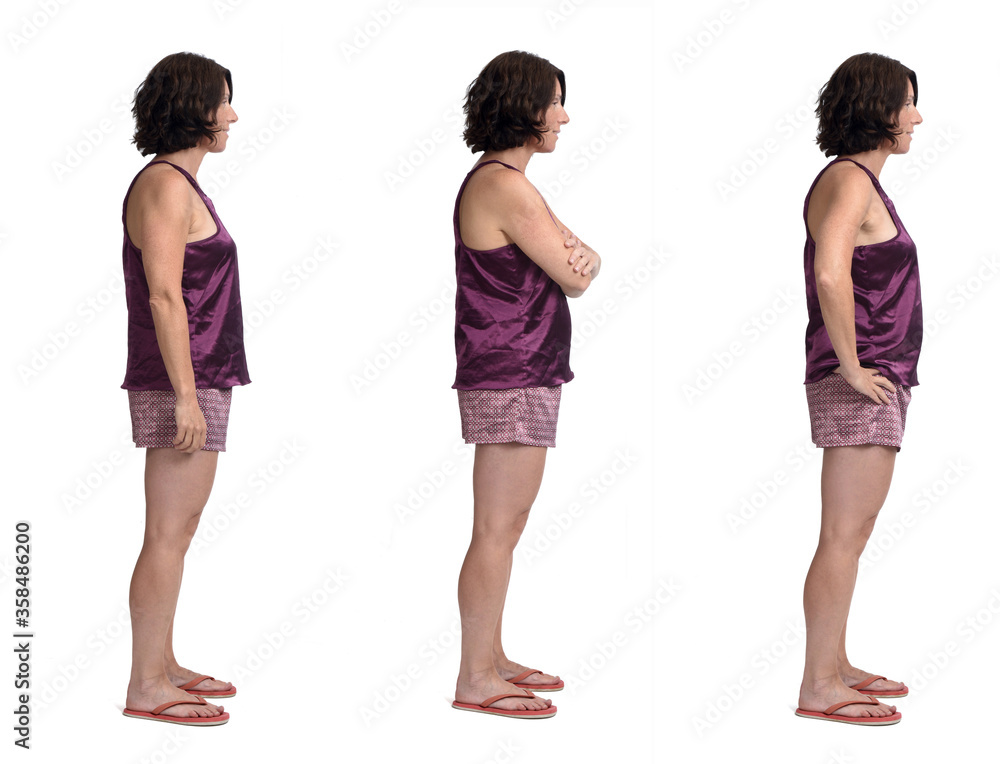 side view of a same woman summer short pajamas on white background side view of a same woman summer short pajamas on white background