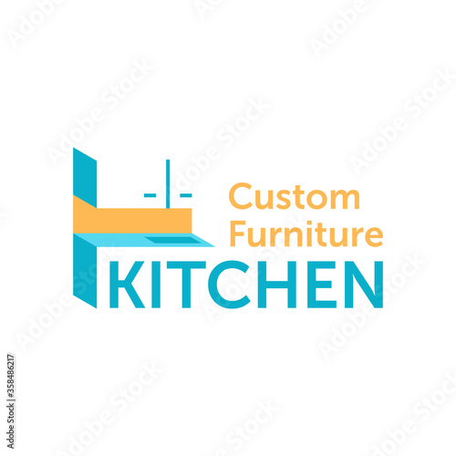 Custom or factory kitchen cabinet furniture logo - creative isometric form and counter-form decorated worktop - isolated vector emblem