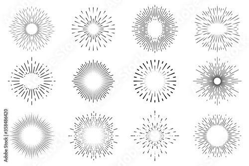 Sunburst vintage. Vector sun burst line icon set. Radial starburst in retro style. Sun ray line in circle design, abstract spark logo in hand draw style.