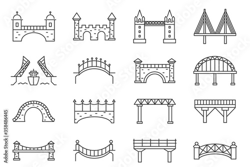 Fototapeta Naklejka Na Ścianę i Meble -  Bridge silhouette. Drawbridge icon, viaduct, aqueduct, railway bridge isloated silhouette set. Outline vector illustration