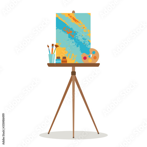 Easel with picture, palette, paints, brushes