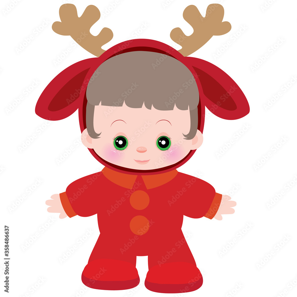 little cute baby dressed in a deer costume, carnival, new year, isolated object on a white background, vector illustration,