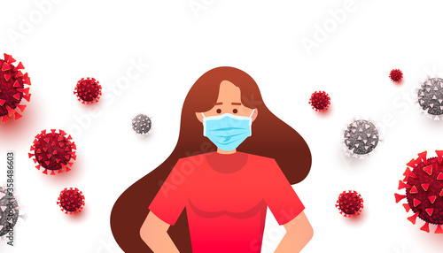 Woman wearing medical mask to prevent disease, flu, air pollution, contaminated air, world pollution. Vector illustration in flat style, coronavirus 2019-nCoV
