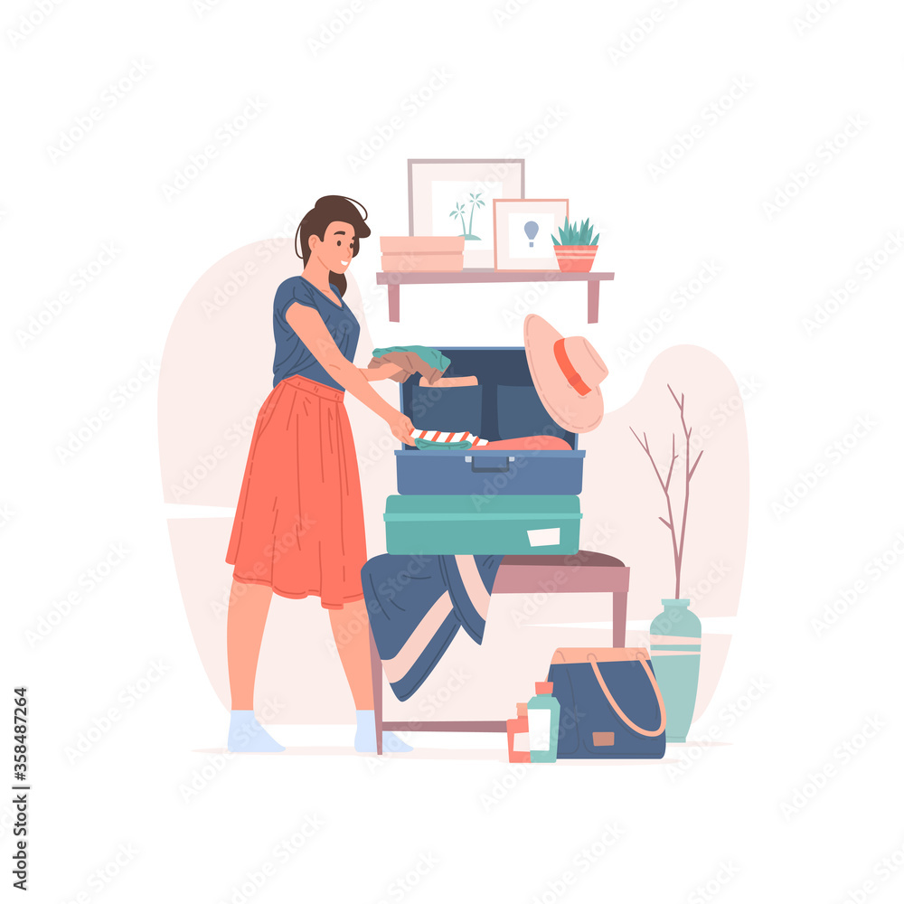 Young woman packing luggage for summer trip vector illustration Young woman packing luggage for summer trip vector illustration