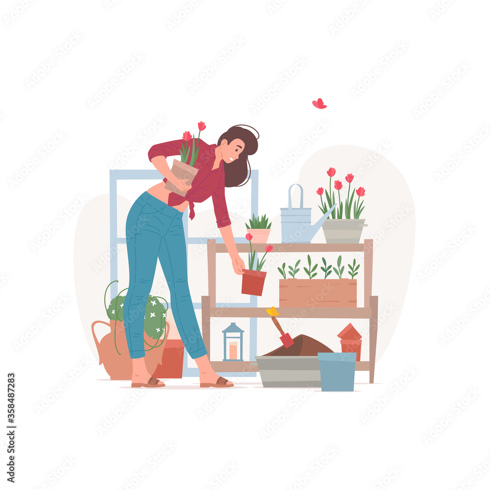 Female florist arranging potted flowers on shelf vector illustration