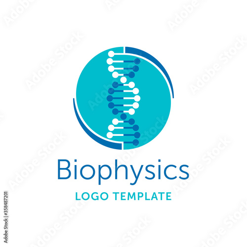 Biophysics logo template - symmetrical circular scientist emblem with DNA chain - vector logotype