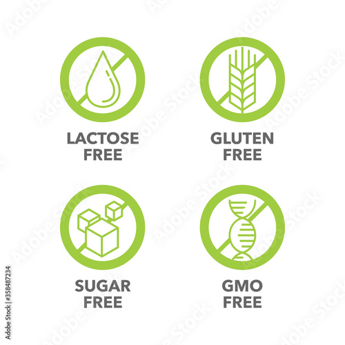 Sugar free, Gluten free, Lactose free, GMO free - vector stamp for food products composition on packaging - decorative element for healthy natural organic nutrition