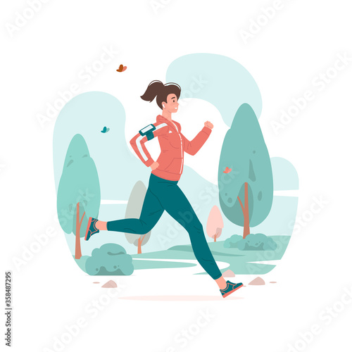 Woman running during fitness training in park vector illustration.