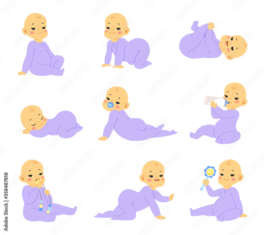 Asian cute little baby boys and toddlers in bodysuits in various poses. Newborn in different poses from 0 to a year try to crawl, move on tummy, seat, sleep, play. Vector baby shower illustration. Asian cute little baby boys and toddlers in bodysuits in various poses. Newborn in different poses from 0 to a year try to crawl, move on tummy, seat, sleep, play. Vector baby shower illustration.