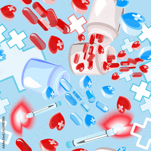 Medical seamless texture on pink background.Red, blue pills in the heart's fome, with crosses, a medical flashlight.Decoration of greetings, packaging, print on fabric, paper, oilcloths, medical masks