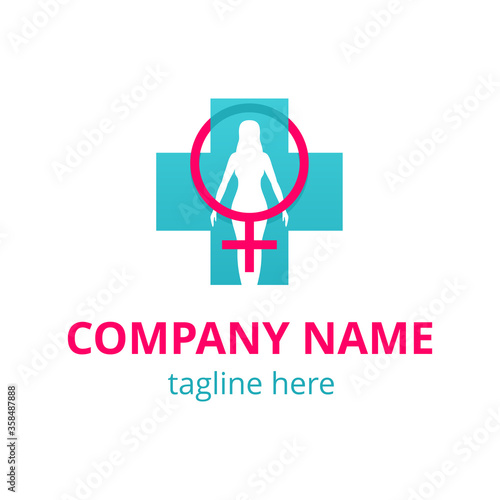 Womens health logo template - combination of medical cross, female silhouette and venus symbol - vector icon, isolated emblem