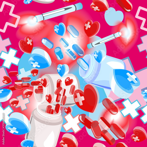 Medical seamless texture on pink background.Red, blue pills in the heart's fome, with crosses, a medical flashlight.Decoration of greetings, packaging, print on fabric, paper