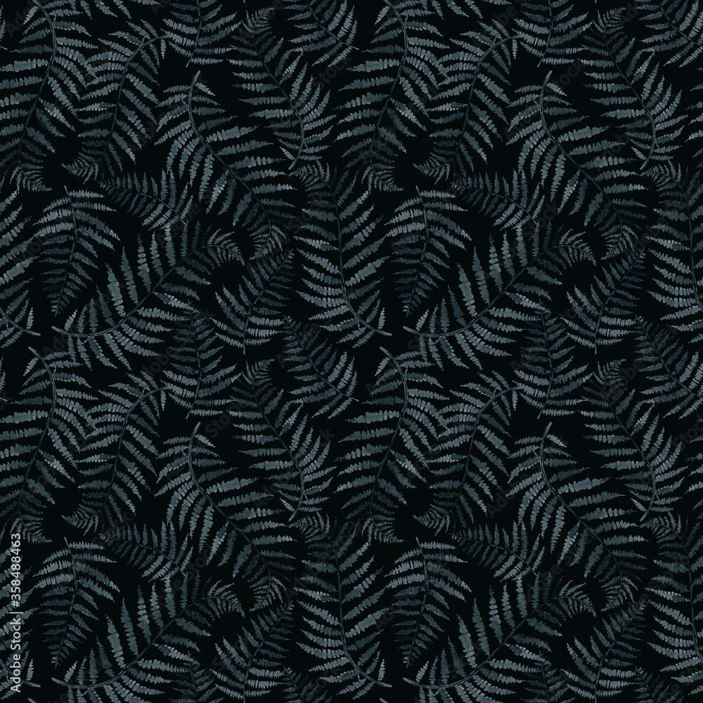 fern branch, indigo blue watercolor hand drawing, seamless pattern, illustration