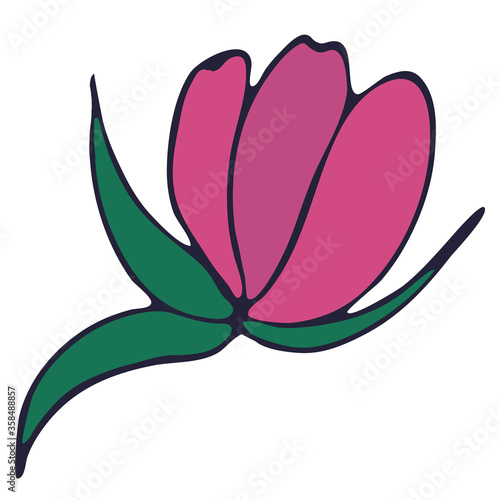 vector abstract pink flower with green leaves and violet outline, vector element