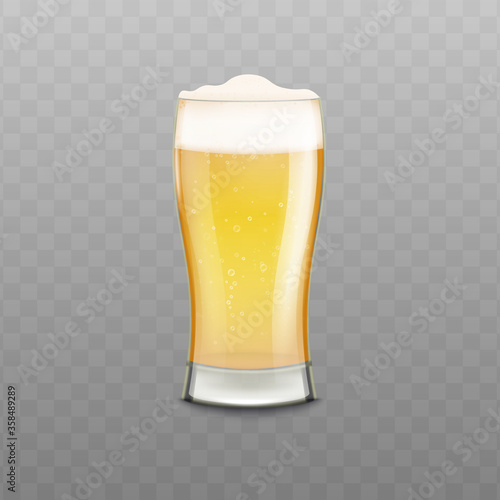 Realistic glass full of beer with white foam isolated on transparent background