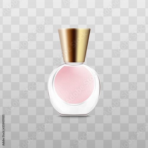 Little round perfume bottle with pink fragrance liquid and triangle shape golden cap
