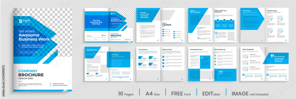 Brochure template design with blue modern shapes, 16 page, corporate, minimal business brochure template design. - obrazy, fototapety, plakaty 