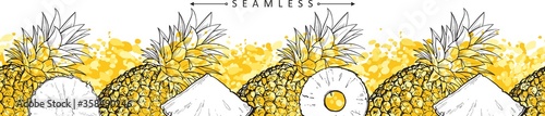 Pineapple or ananas horizontal seamless pattern sketch vector illustration isolated.