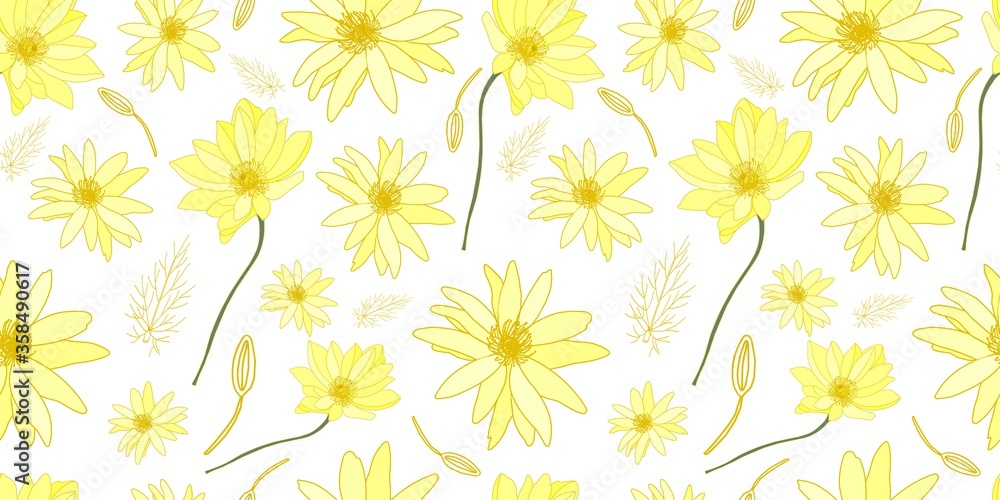 Yellow flowers on a white background pattern. Field summer flowers. Beautiful delicate pattern on the fabric