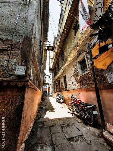 wide angle shot of an alleyway in Varanasi, India