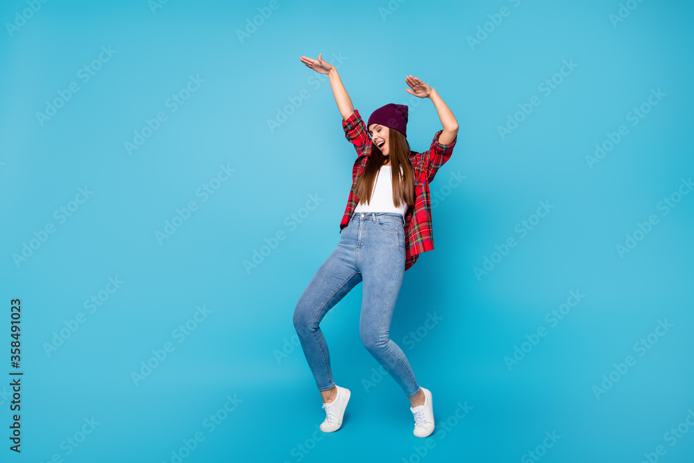Full length body size view of her she nice attractive cool carefree glad cheerful cheery girl dancing having fun fooling good mood isolated on bright vivid shine vibrant blue color background Full length body size view of her she nice attractive cool carefree glad cheerful cheery girl dancing having fun fooling good mood isolated on bright vivid shine vibrant blue color background