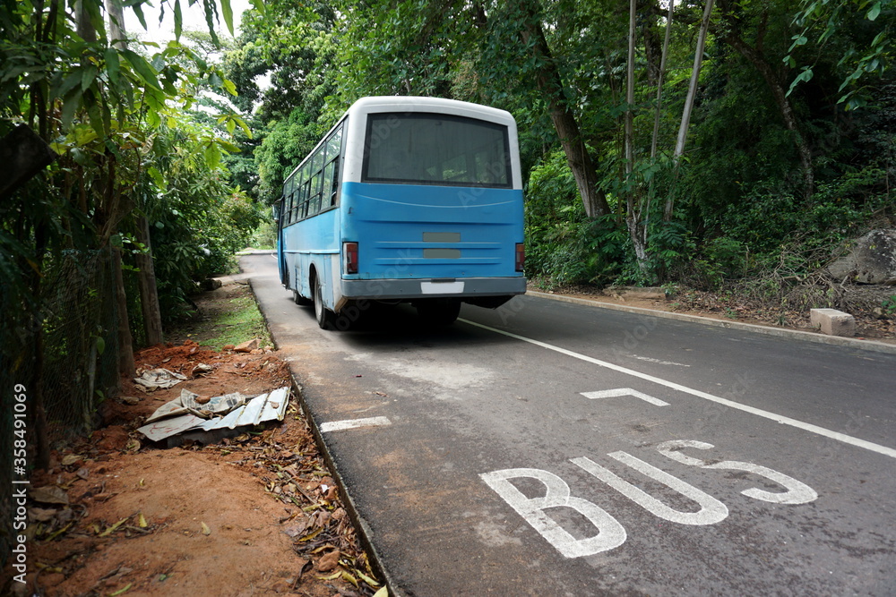 a public bus in Anse Volbert, Praslin Island, Seychelles, October