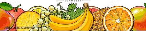 Seamless pattern border with pineapple and banana vector illustration isolated.