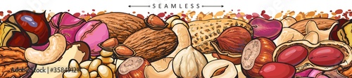 Seamless border or pattern with peanuts and cashew vector illustration isolated.