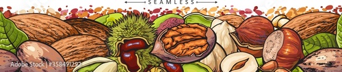 Seamless pattern with nuts and leaves sketch vector illustration isolated.