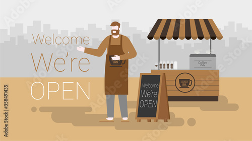 Business owner invite the customer in front of his bistro shop