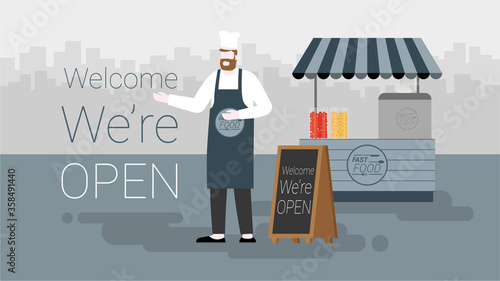 Business owner invite the customer in front of his shop