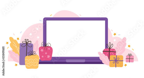 Laptop template with an empty screen on a holiday background. Blank device mock up with gifts, stars, and streamers. Vector flat illustration concepts for website and mobile website development