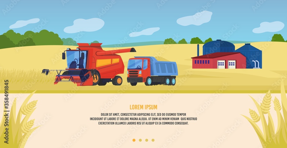 Agriculture farming vector illustration. Cartoon flat agricultural agrarian tractors and combine harvesters working in cultivated organic farm fields, countryside landscape, wheat harvest background