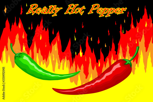 Really hot mexican peppers. Green and red peppers on fire wall background. Vector horizontal