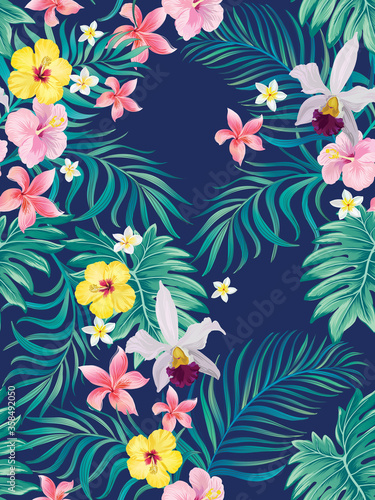 Seamless hand drawn exotic vector pattern with green palm leaves and hibiscus flower. Stock vector.