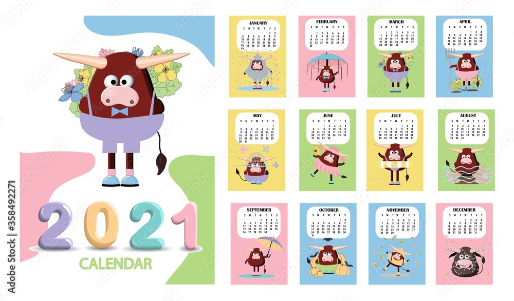 bull, white bull calendar or A4 planner for 2021 with cartoon kawaii, bull or cow, New Year symbol ox - cover and 12 monthly pages. Week starts on Sunday, vector printable template