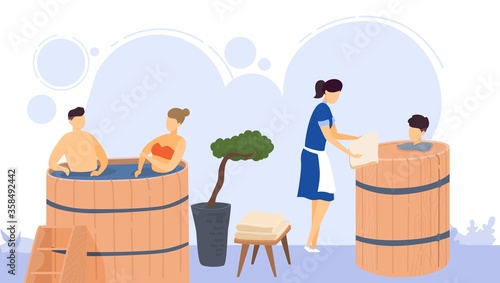 Wooden bath relax, heat spa relaxation therapy and hot steam healthcare for people, scandinavian bathhouse vector illustration. Man and woman in wooden barrels bath, wellness and treatment.