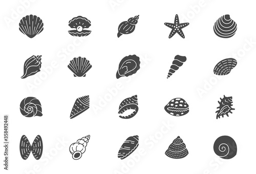 Seashell, oyster, scallop flat icons. Vector illustration included icon as nautilus, spiral shell, starfish, underwater life, see fod black silhouette pictogram for beach mollusk infographic