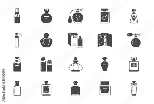 Perfume bottles flat icons. Vector illustration included icon as glass sprayer, luxury parfum sampler, essential oil, cologne parfum black silhouette pictogram for cosmetic store