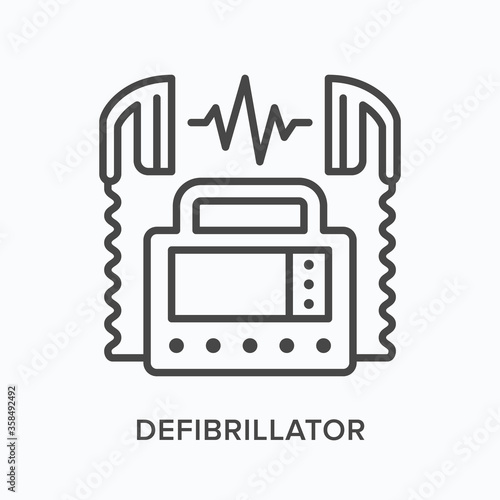 Defibrillator flat line icon. Vector outline illustration of aed. Heart emergency, cardiology clinic thin linear medical pictogram