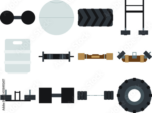 Equipment set for strongman training at the gym. Vector Graphic.