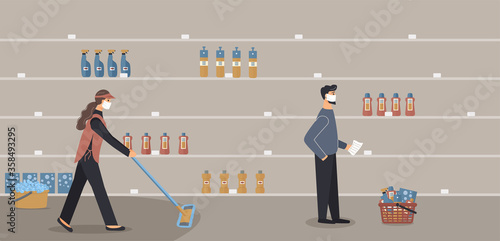 Household chemicals store during epidemic of virus.Security guard in protective mask and customer with list selects goods for disinfection and cleaning on half-empty shelves.Cleaner wash floor.Vector