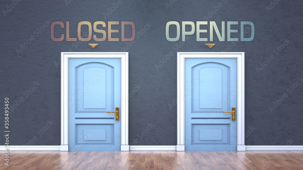 Closed and opened as a choice - pictured as words Closed, opened on doors to show that Closed and opened are opposite options while making decision, 3d illustration Closed and opened as a choice - pictured as words Closed, opened on doors to show that Closed and opened are opposite options while making decision, 3d illustration