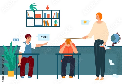 Bullying in school, sad boy teenager in stress of humiliation from schoolmate and teacher vector illustration. Bullying children, agression, victim of ridicule, harassment and abuse.