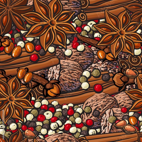 Herbs and spices seamless pattern or food background the vector illustration.