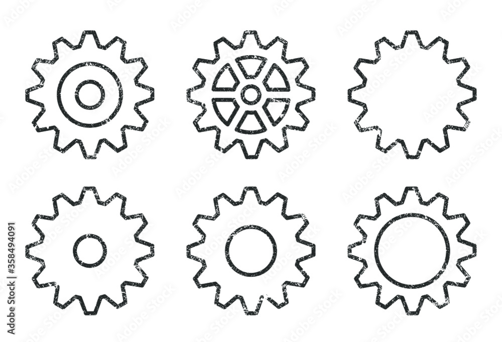 Gear icon silhouette symbol set. Vector illustration image. Grunge transmission cog wheels and gears logo sign. Isolated on white background