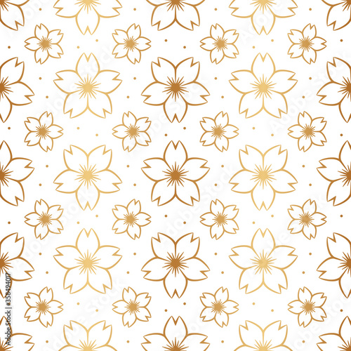 Golden flower sakura. Japanese oriental gold seamless pattern. Chinese style backdrop. Japan traditional floral texture. Asian flowers design. China ornament background for prints. Culture motif