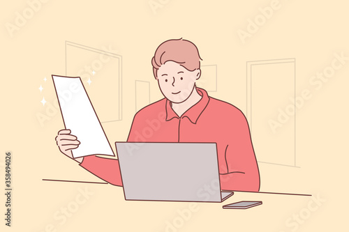 Business, work, online, freelance concept. Young happy man manager, boy freelancer character working on laptop at office and holding report. Remote job at home or contract signing process illustration