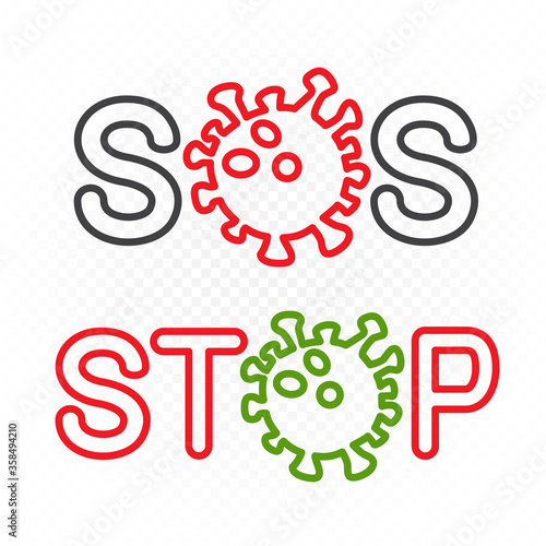 coronavirus sos and stop symbol set