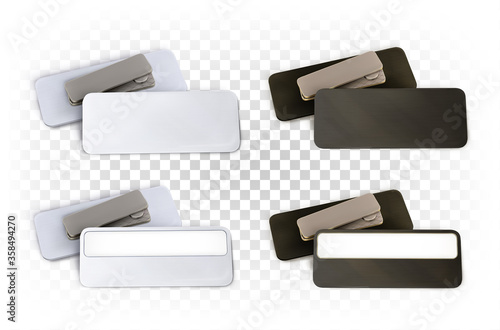 Set of ID badges in black and white rectangular narrow shape with a frame for text. Vector 3d realistic mock up. Place for an inscription, brand, name, logo.
